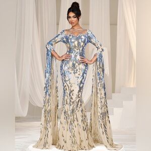 Blue and Cream Sequin Prom Gown